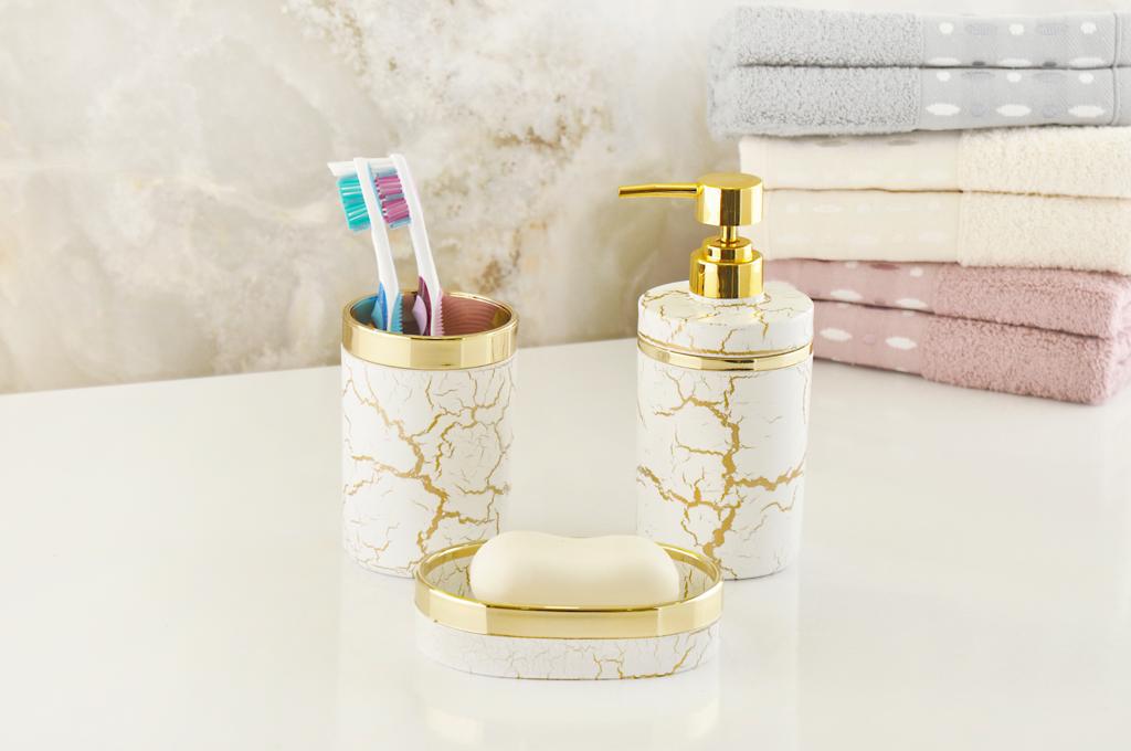 3’lü Yuvarlak Çatlatma Banyo Seti / Beyaz-Altın